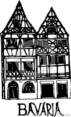 Buildings facade front view. Doodle black and white illustration. Bavarian typical architecture. Vector Illustration