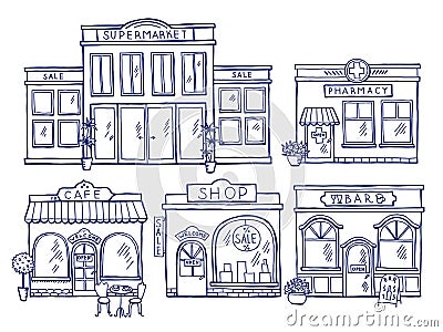 Buildings facade front view. Shop, cafe, mall and pharmacy. Doodle illustrations set Vector Illustration