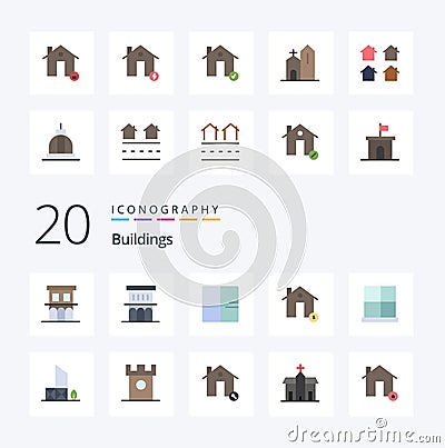 20 Buildings Flat Color icon Pack like gate buildings map house dollar Vector Illustration