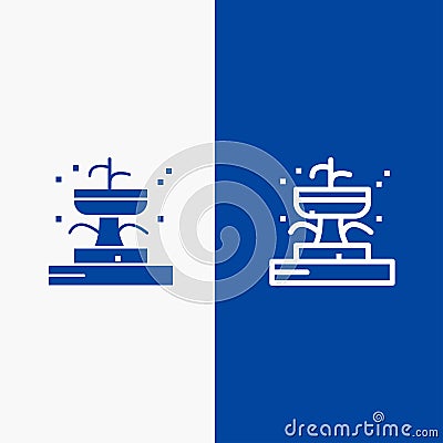 Buildings, Fountain, Garden, Park Line and Glyph Solid icon Blue banner Line and Glyph Solid icon Blue banner Vector Illustration