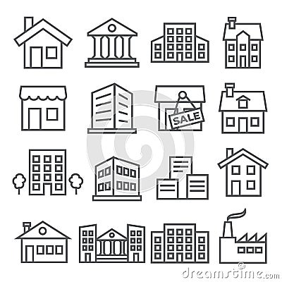 Buildings and Houses Line Icons on white background Stock Photo