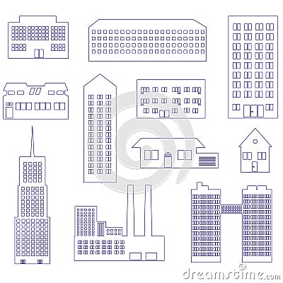 Buildings and houses outline simple symbols Vector Illustration