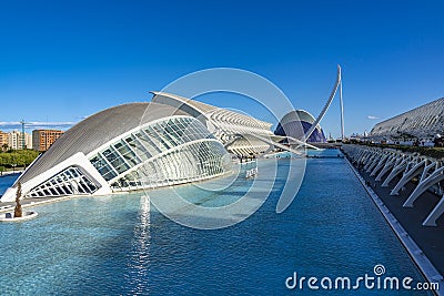 The buildings L`Hemisferic, Museu de les Ciencies Principe Felipe and Agora in a row in Valencia, Spain Editorial Stock Photo