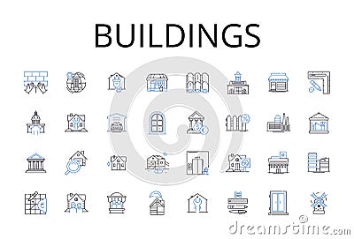 Buildings line icons collection. Houses, Towers, Structures, Edifices, Skyscrapers, Residences, Apartments vector and Vector Illustration