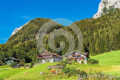 Buildings and mountains in the Berchtesgaden Alps in Ramsau, Germany Stock Photo