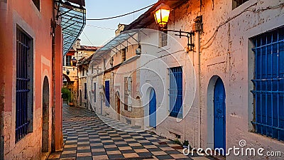 Buildings narrow road in Ioannina city greece Stock Photo