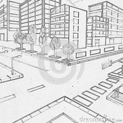 Buildings pencil drawing made by a 5th grader Stock Photo