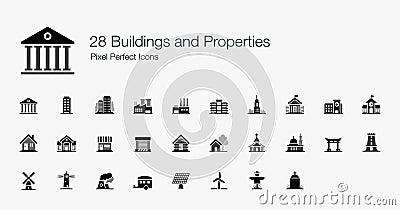 28 Buildings Properties Pixel Perfect Icons Vector Illustration