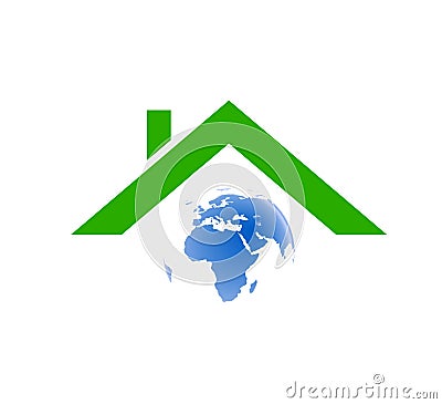 Buildings roof of house Home logo with globe residential symbol vector icon. Stock Photo