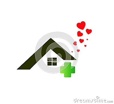 Buildings roof of house Home logo real estate construction residential symbol with Flying hearts healthcare icon vector. Stock Photo