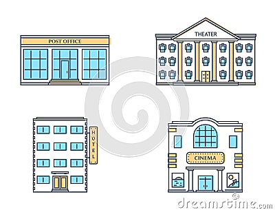 Buildings set. Theater, post office, hotel, cinema isolated on white background. Vector Illustration