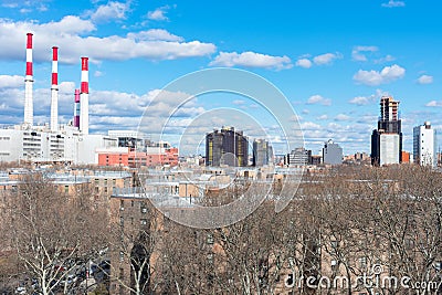 Long Island City and Astoria Queens New York Skyline with Smoke Stacks from a Power Plant Stock Photo