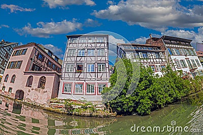 Buildings in typical Alsatian medieval architecture along the Canal du Faux-Rempart Stock Photo