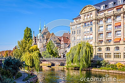 Buildings of various periods on the Ill river in Strasbourg, France Editorial Stock Photo