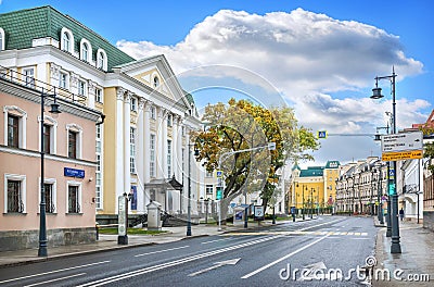 Buildings and the Vishnevskaya Opera Center on Ostozhenka Street in Moscow Editorial Stock Photo