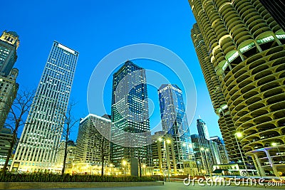 Buildings on Wacker Drive on the shore of Chicago River Stock Photo