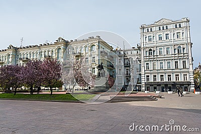 Builings and monument to Mykola Vitaliyovych Lysenko at Volodymyrska street in downtown of Kiev, Ukraine Editorial Stock Photo