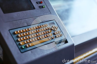 Built-in color keyboard with yellow mechanical buttons for the computer Stock Photo