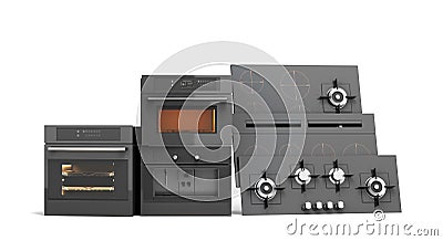 built-in electric and gas cooking surfaces and ovens 3d render on white Stock Photo