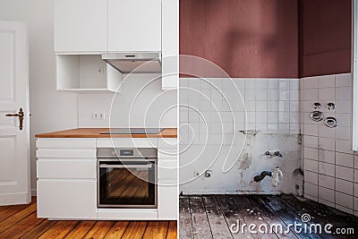 Built-in kitchen before and after restoration - renovation concept Stock Photo