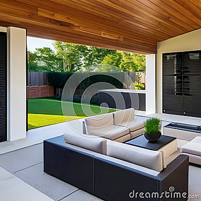 6 A built-in outdoor sound system with speakers discreetly placed throughout the outdoor space1, Generative AI Stock Photo