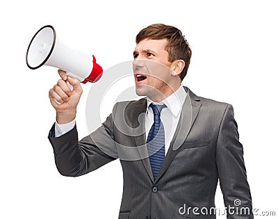 Buisnessman with bullhorn or megaphone Stock Photo