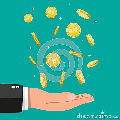 Buisnessman hand catching falling gold coins. Vector Illustration