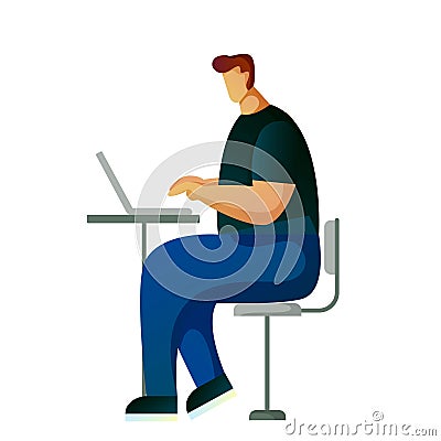 A buisnessman sitting infront of his laptop searching information in computer network. Searching concept Vector Illustration