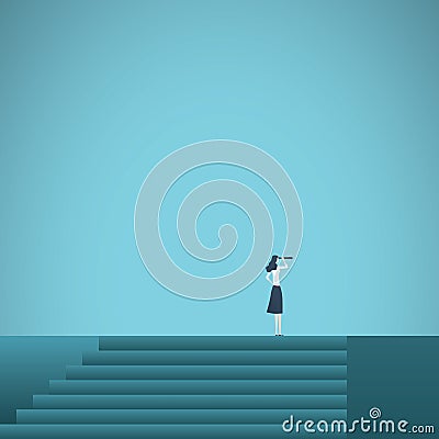 Buisnesswoman looking up career steps vector concept. Symbol of ambition, motivation, success in career, promotion. Vector Illustration