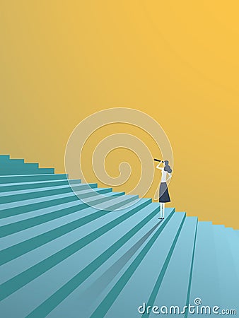 Buisnesswoman looking up career steps vector concept. Symbol of ambition, motivation, success in career, promotion. Vector Illustration