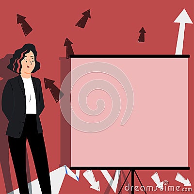 Buisnesswoman Presenting Important Messages On Presentation Board. Woman In Suit Showing Crutial Informations On Panel Vector Illustration