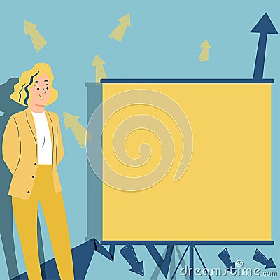 Buisnesswoman Presenting Important Messages On Presentation Board. Woman In Suit Showing Crutial Informations On Panel Vector Illustration