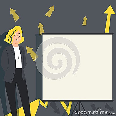 Buisnesswoman Presenting Important Messages On Presentation Board. Woman In Suit Showing Crutial Informations On Panel Vector Illustration