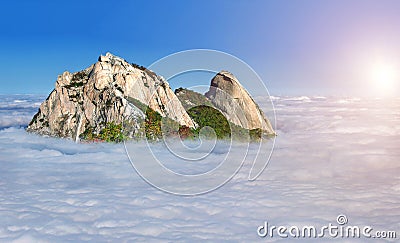 Bukhansan mountains is covered by morning fog in Korea Stock Photo