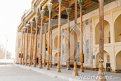 Bukhara, Uzbekistan. December 2021. Wooden columns Bolo House Mosque Editorial Stock Photo