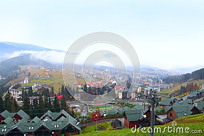Bukovel resort with funicular and beautiful houses in the Carpathian mountains Stock Photo