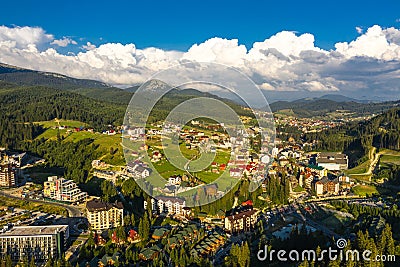 Bukovel at the summer in the evening aerial view. Stock Photo