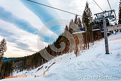 Bukovel Ukraine February 3 2019: cable car for skiers and tourists in Bukovel mountain landscapes Editorial Stock Photo
