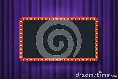 Bulb frame with empty space on purple theater curtains background. Vector design element. Space for text, advertisement. Blank Stock Photo