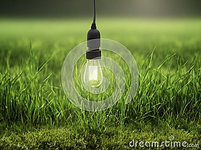 Bulb illuminating green grass, symbolizing green power, environmental protection Stock Photo