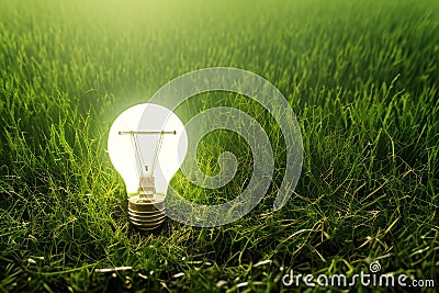 Bulb illuminating green grass, symbolizing green power, environmental protection Stock Photo