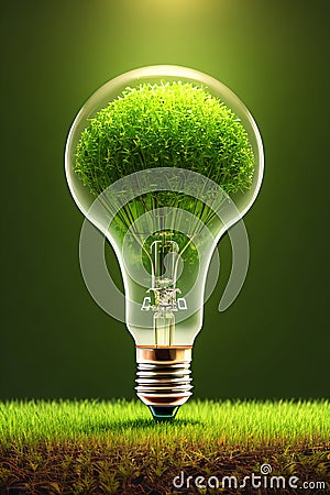 Bulb illuminating green grass, symbolizing green power, environmental protection Stock Photo