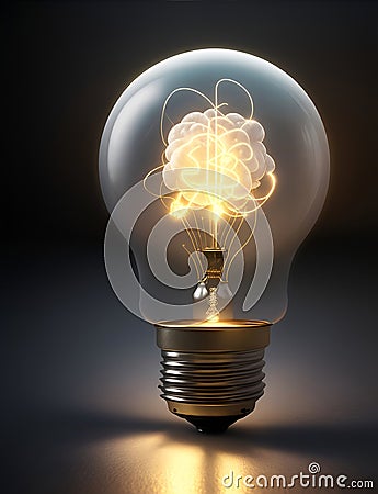 Bulb and Inside Human Brain inside on dark background. Idea generation, brainstorm concept. Generative Ai technology. Stock Photo