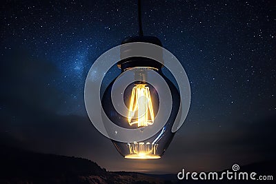 Bulb light vintage night background. Decorative outdoor string lights hanging. Night background. Stock Photo