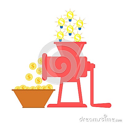 The bulbs fall into the mincer and money is obtained. Finance, ideas and business concept. Vector illustration. Vector Illustration