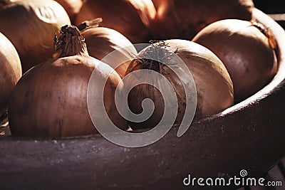 Bulbs onion oven clay pot cuisine tasty delicious golden vegan rich aroma sweet Stock Photo