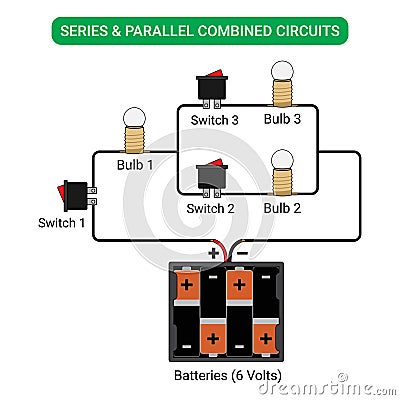 3 Bulbs and 3 Switches in Series and Parallel Combined Circuits Vector Illustration