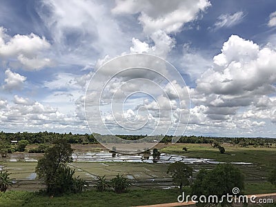 Bule sky,surrounding large mountain area with paddy fields Stock Photo