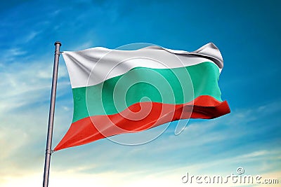 Bulgaria flag waving against clean blue sky, close up Stock Photo