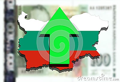 Bulgaria map on Bulgarian Lev money background and green arrow up Stock Photo